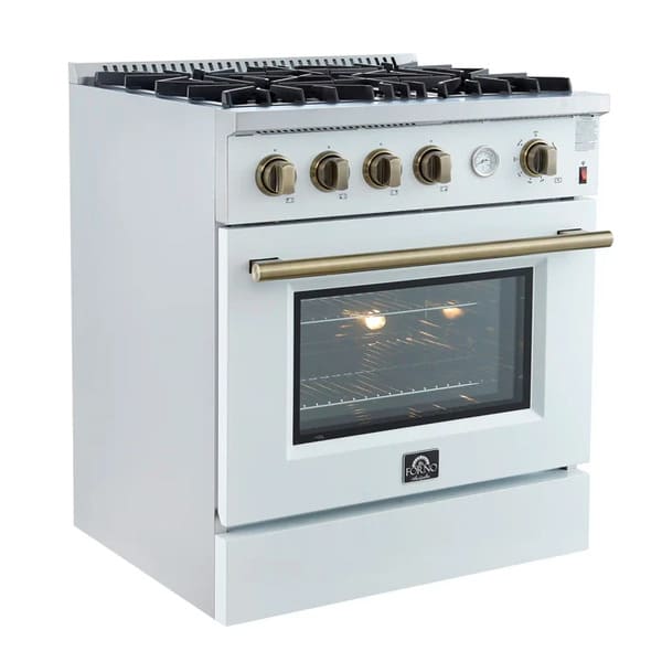 Left-angled view of the FORNO Marco 30-Inch Gas Range in white, showcasing four sealed brass burners, continuous cast iron grates, and a matte white exterior with stainless steel detailing for a professional finish.