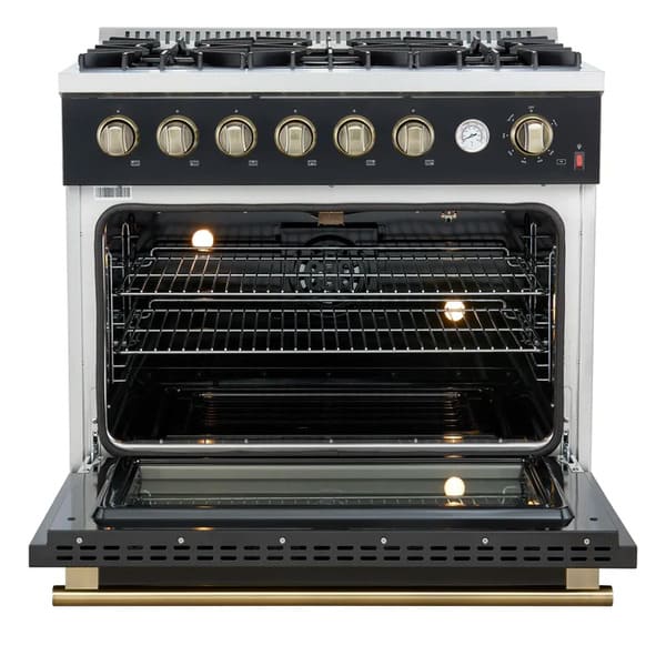 Front view of the FORNO Marco 36-Inch Gas Range in black with the oven door open, showcasing the spacious blue enamel interior, convection fan, and adjustable heavy-duty oven racks.