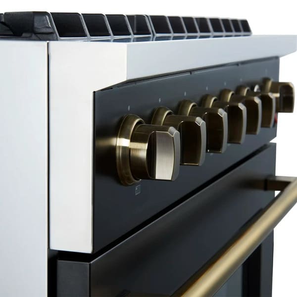 Left-angled close-up of the FORNO Marco 36-Inch Gas Range in black, showcasing stainless steel control knobs with bezel accents, offering precise burner and oven control on a sleek black panel.