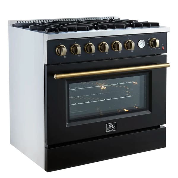 Left-angled view of the FORNO Marco 36-Inch Gas Range in black, highlighting six brass burners, continuous cast iron grates, and a modern matte black finish with stainless steel trim.