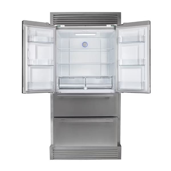 FORNO Moena 36″ French Door Refrigerator with stainless steel finish, integrated grill trim, built-in ice maker, and ENERGY STAR design.