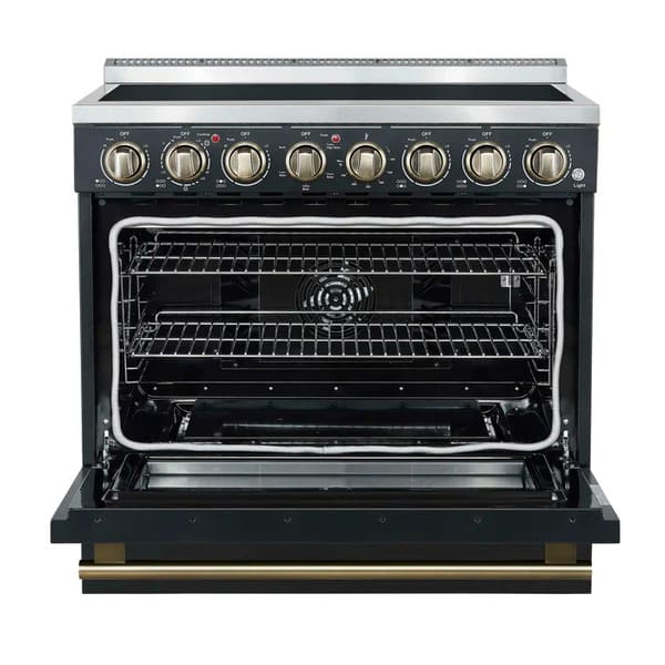 Front view of the FORNO Paolo 36-Inch Electric Range in black with the oven door open, revealing a spacious blue enamel interior, convection fan, and heavy-duty oven racks.