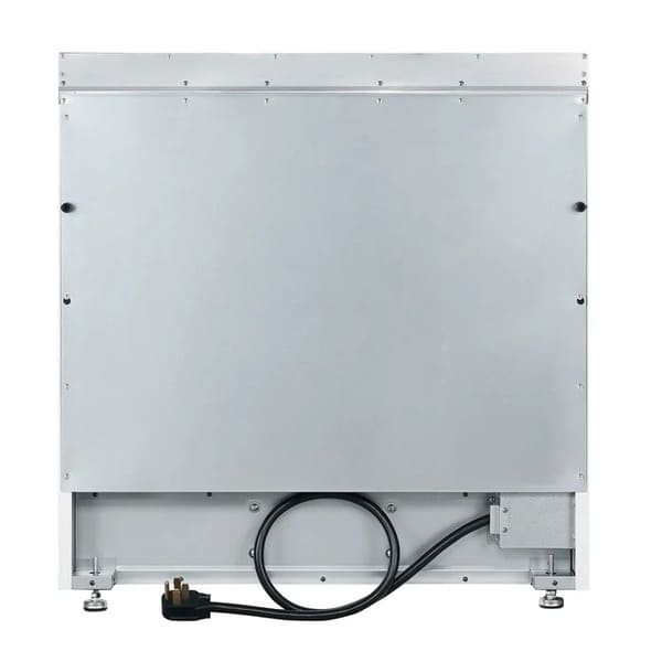 Rear view of the FORNO Paolo 36-Inch Electric Range in white, showing power connection ports, venting, and a flat-back design for easy installation in modern kitchens.