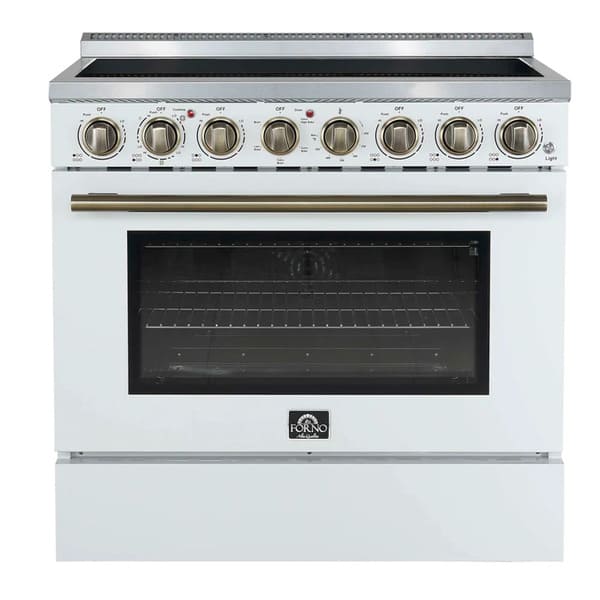Front view of the FORNO Paolo 36-Inch Electric Range in white, featuring a clean white finish, smooth ceramic glass cooktop, and professional-grade control knobs in stainless steel.