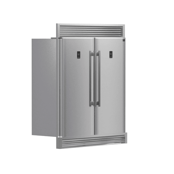 FORNO Rizzuto 60″ Refrigerator-Freezer Combo in stainless steel, shown at an angle with pro-style handles and sleek dual door configuration.