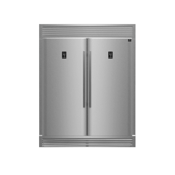 FORNO Rizzuto 60″ Stainless Steel Refrigerator-Freezer Combo with dual doors, modern design, and commercial-style build, shown in front view.