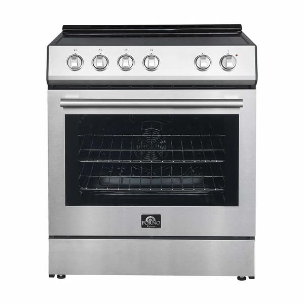 Front view of the FORNO espresso electric range from the 4-Piece Appliance Package, featuring a smooth glass cooktop, stainless steel control knobs, large oven window, and a bold espresso-colored body for a modern, sophisticated kitchen look.