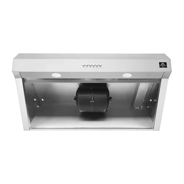 View of the FORNO espresso range hood from the 4-Piece Appliance Package with the stainless steel baffle filters removed, revealing the internal ventilation cavity and fan housing for easy maintenance and thorough cleaning access.