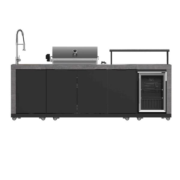 Front view of the FORNO Rimini 30-Inch Outdoor Kitchen, showcasing a sleek stainless steel grill with dual control knobs, storage drawers, and a minimalist design built for durability and performance in outdoor cooking spaces.