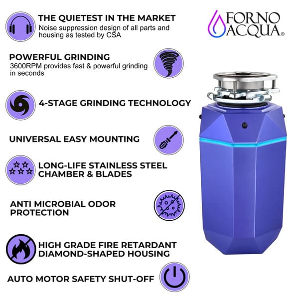 FORNO Acqua BrightDiamond 1HP Super Quiet Garbage Disposal Corded with Motion Sensor Cabinet Light & Pre-Wired Air Switch