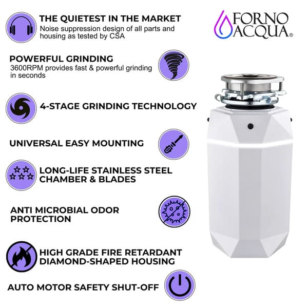 FORNO Acqua BrightDiamond 3/4HP Super Quiet Garbage Disposal Corded with Motion Sensor Cabinet Light & Pre-Wired Air Switch