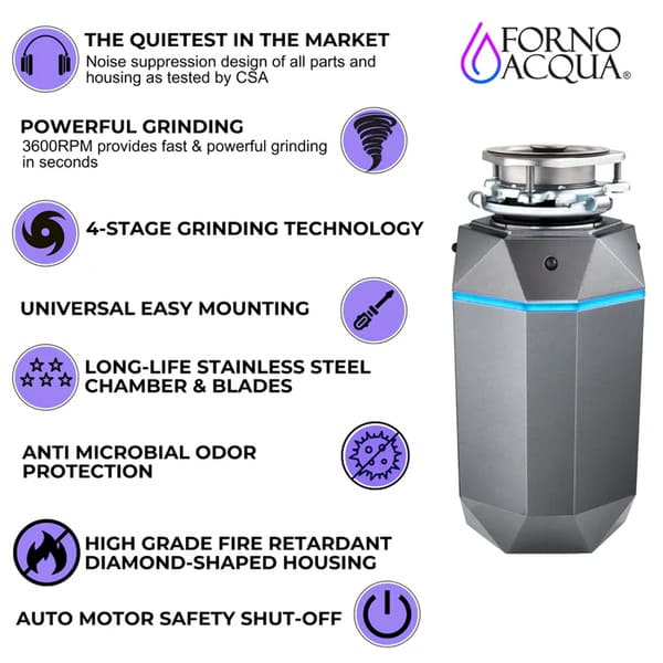 FORNO Acqua BrightDiamond 1HP Super Quiet Garbage Disposal Corded with Motion Sensor Cabinet Light & Pre-Wired Air Switch