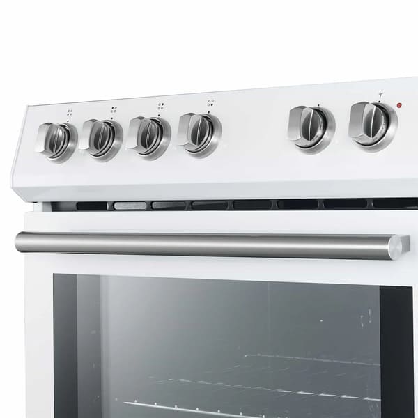 Close-up view of the control panel on the Forno 30-inch electric range in white, featuring clearly labeled knobs with a brushed metal or antique brass finish for precise temperature and burner control.