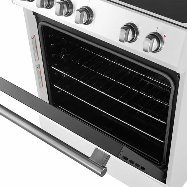 Close-up view of the oven door on the Forno 30-inch electric range in white, featuring a large glass window and a sturdy handle, blending classic design with modern functionality.