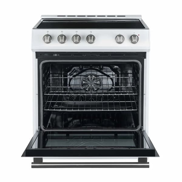 Front view of the Forno 30-inch electric range in white with the oven door open, revealing a spacious black enamel interior with multiple rack positions and a large glass window for easy monitoring while cooking.