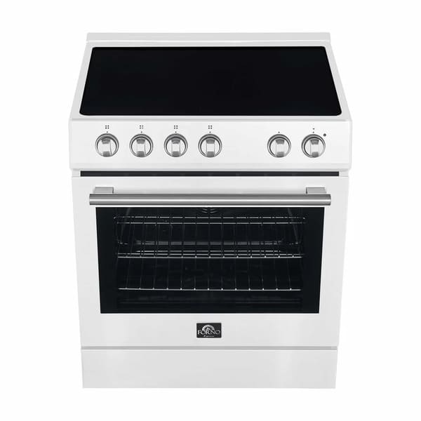 Top view of the Forno 30-inch electric range in white, showcasing a smooth black ceramic glass cooktop with four radiant heating elements and front-mounted control knobs for convenient access.