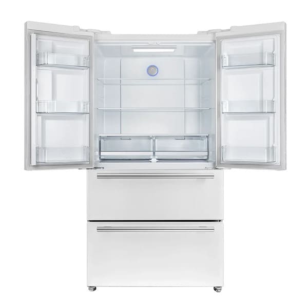 Front view of the Forno 36-inch French door refrigerator in white with both doors open, revealing a bright, spacious interior with adjustable glass shelves, clear door bins, and dual crisper drawers for organized food storage.