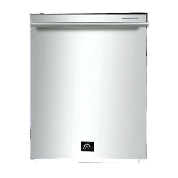Front view of the FORNO built-in dishwasher in stainless steel, showcasing a modern minimalist design with a sleek handle and control panel hidden on the top edge of the door.
