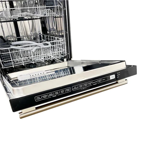 Left-angled view of the FORNO built-in dishwasher with the door open, revealing spacious stainless steel interior and dual-rack system for efficient dish loading.