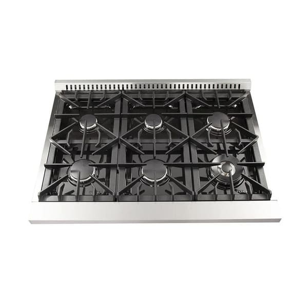 Top view of the FORNO dual fuel range cooktop featuring six sealed gas burners, continuous cast iron grates, and a sleek stainless steel surface.