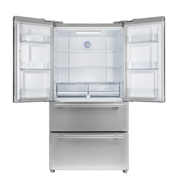 Front view of the FORNO French door refrigerator with both doors and freezer drawers fully open, showcasing the interior compartments, adjustable shelving, and ample food storage capacity.