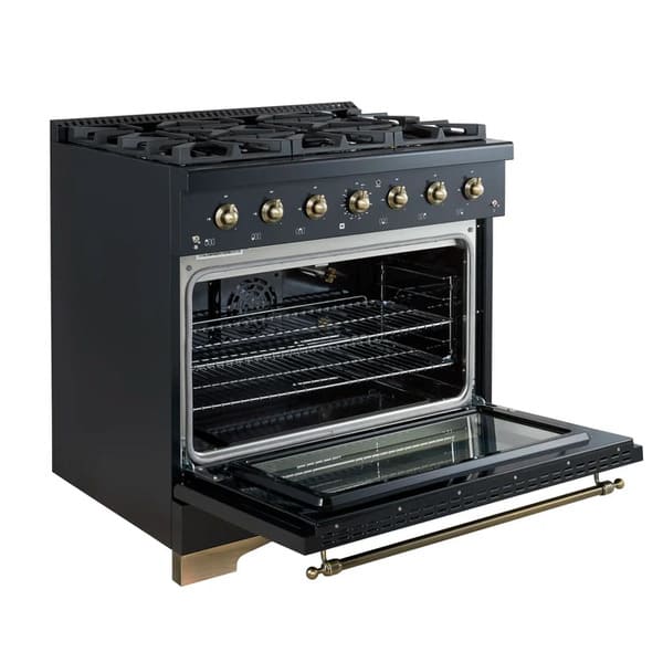 Angled front view of the Forno Antico 36-Inch Dual Fuel Range with the oven door open, revealing a spacious interior, convection fan, and heavy-duty oven racks within a blue enamel cavity.