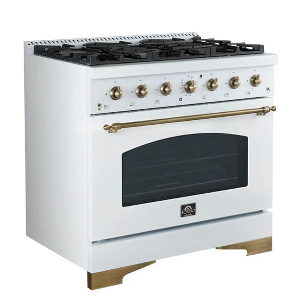 Left-angled front view of the Forno Antico 36-Inch Dual Fuel Range in white, showcasing its matte white finish, brass burner accents, and professional stainless steel construction.