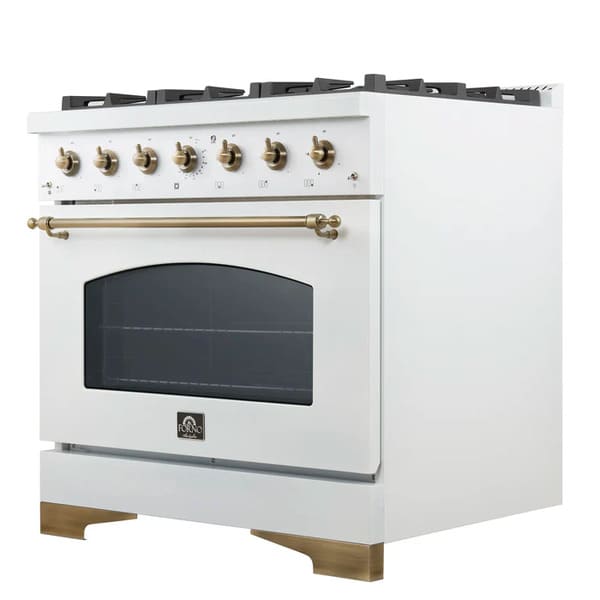 Right-angled front view of the Forno Antico 36-Inch Dual Fuel Range in white, highlighting its elegant matte finish, brass burners, and premium stainless steel trim for a modern classic look.