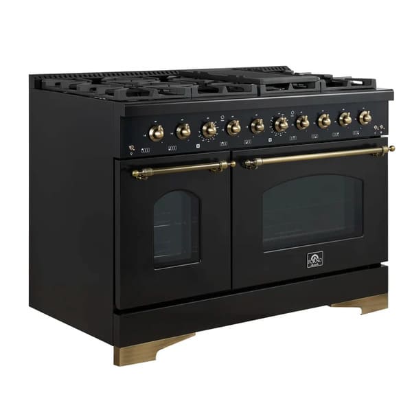 Front left-angled view of the Forno Antico 48-Inch Gas Range, featuring a sleek stainless steel finish, eight brass burners, and dual ovens with professional-style control knobs.