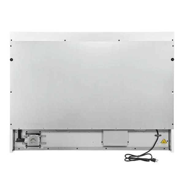 Rear view of the Forno Antico 48-Inch Gas Range in white, showing the flat-back panel, gas and electrical connection points, and ventilation design for built-in kitchen installations.