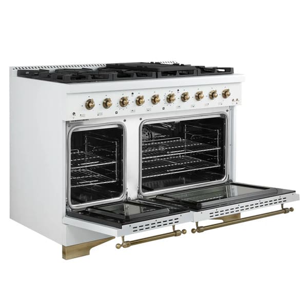 Left-angled front view of the Forno Antico 48-Inch Gas Range in white with both oven doors open, revealing spacious blue enamel interiors, convection fans, and heavy-duty oven racks.