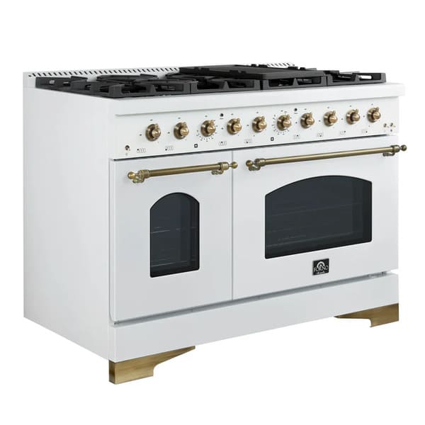 Left-angled front view of the Forno Antico 48-Inch Gas Range in white, highlighting its elegant matte white finish, eight brass burners, and dual oven configuration with premium control knobs.