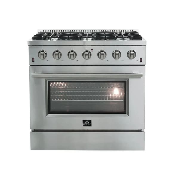 Front view of the FORNO Galiano 36-Inch Gas Range showcasing its French doors, stainless-steel finish, and six-burner cooktop with control knobs.