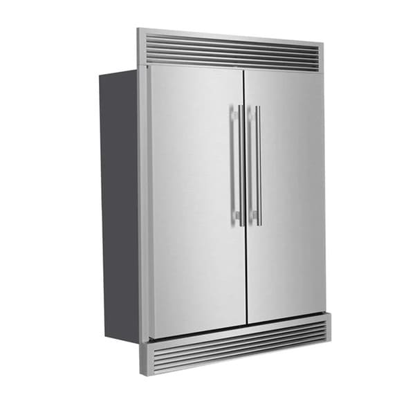 Angled side view of FORNO Maderno 60-Inch Convertible Refrigerator-Freezer in stainless steel with decorative trim, showcasing French doors and modern pro-style design.