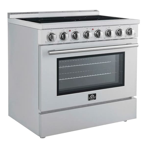Left-angled front view of the Forno Paolo 36-Inch Electric Range with Convection Oven, featuring a closed oven door, stainless steel finish, and smooth electric cooktop surface.