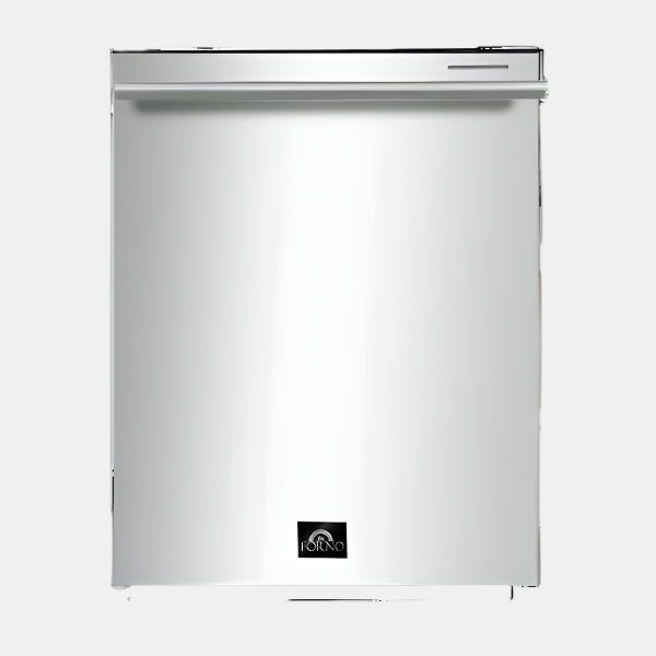 Front view of the Forno Pozzo 24-Inch Built-In Dishwasher featuring a sleek stainless-steel finish and integrated top control panel.
