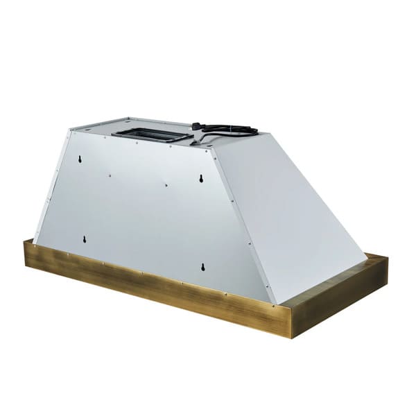 Back left angled view of the Forno Vittorio 48-Inch Wall Mount Range Hood in white, highlighting the rear venting outlet, chimney structure, and smooth white finish with antique brass accents for a clean and stylish installation profile.