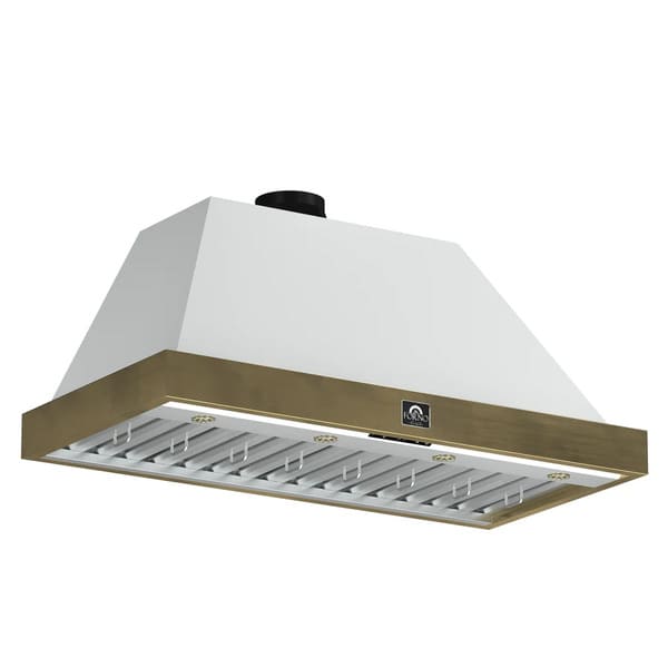 Front left angled view of the Forno Vittorio 48-Inch Wall Mount Range Hood in white, showcasing its wide canopy, antique brass trim accents, central control panel, and stainless steel baffle filters for a refined and powerful kitchen ventilation solution.