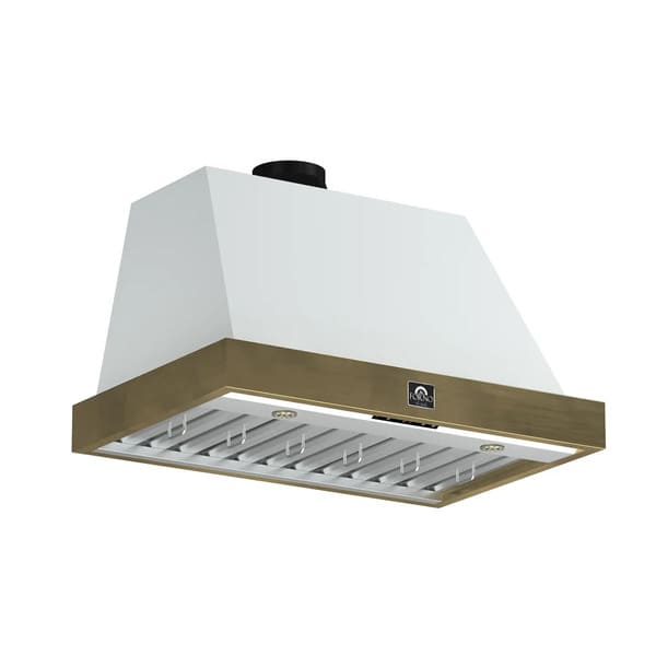 Angled view of the Forno Vittorio Wall Mount Range Hood in a white finish, showcasing its refined profile, antique brass trim, and integrated stainless steel baffle filters for a sophisticated and functional kitchen ventilation solution.