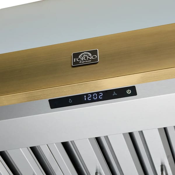 Close-up of the control panel on the Forno Vittorio Wall Mount Range Hood in white, showcasing a sleek touch-control interface with clearly marked settings for fan speed, lighting, and power, framed by antique brass trim.