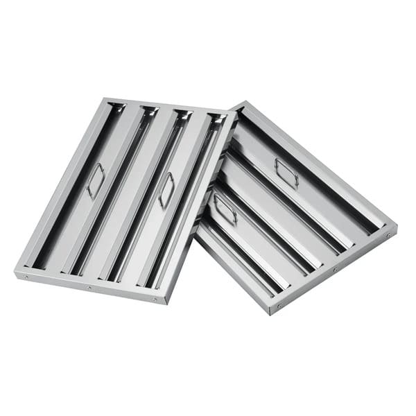 Close-up of the stainless steel baffle filters on the Forno Vittorio Wall Mount Range Hood in white, designed for effective grease and smoke capture, framed by a crisp white finish and antique brass trim.