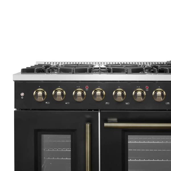 FORNO Galiano 48-Inch French Door Gas Range with 8 Burners and 6.58 Cu. Ft. Convection Oven in Black/White with Antique Brass Trim
