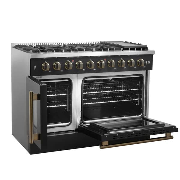 FORNO Galiano 48-Inch French Door Gas Range with 8 Burners and 6.58 Cu. Ft. Convection Oven in Black/White with Antique Brass Trim
