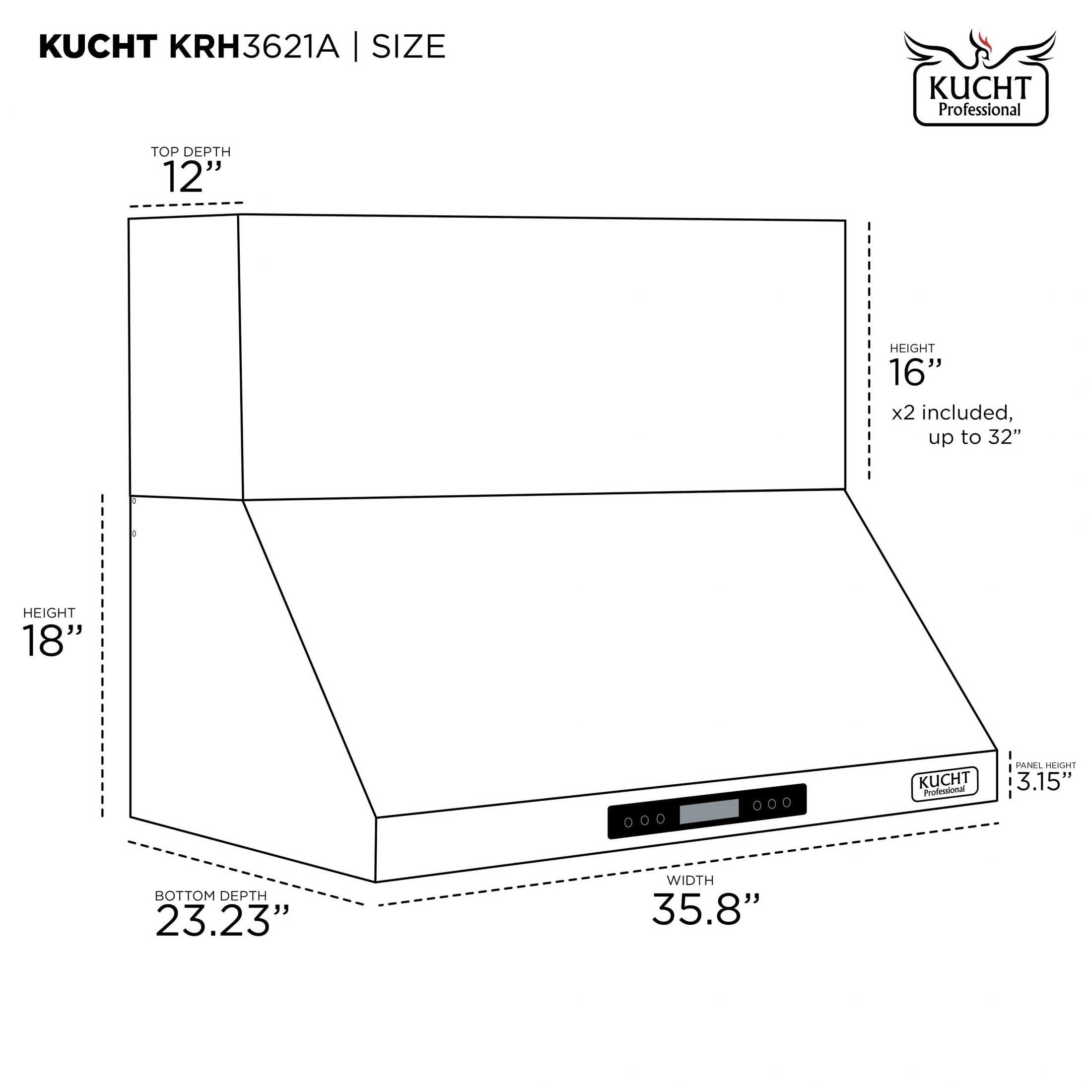 Kucht 36-Inch Wall Mounted Range Hood 900 CFM in Stainless Steel & Silver KRH3621A