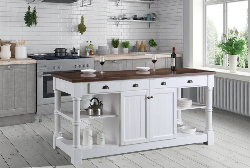 Design Element Monterey 80 In. Kitchen Island In White Cabinet Finish And Wood Countertop KD-03-80-W-WD