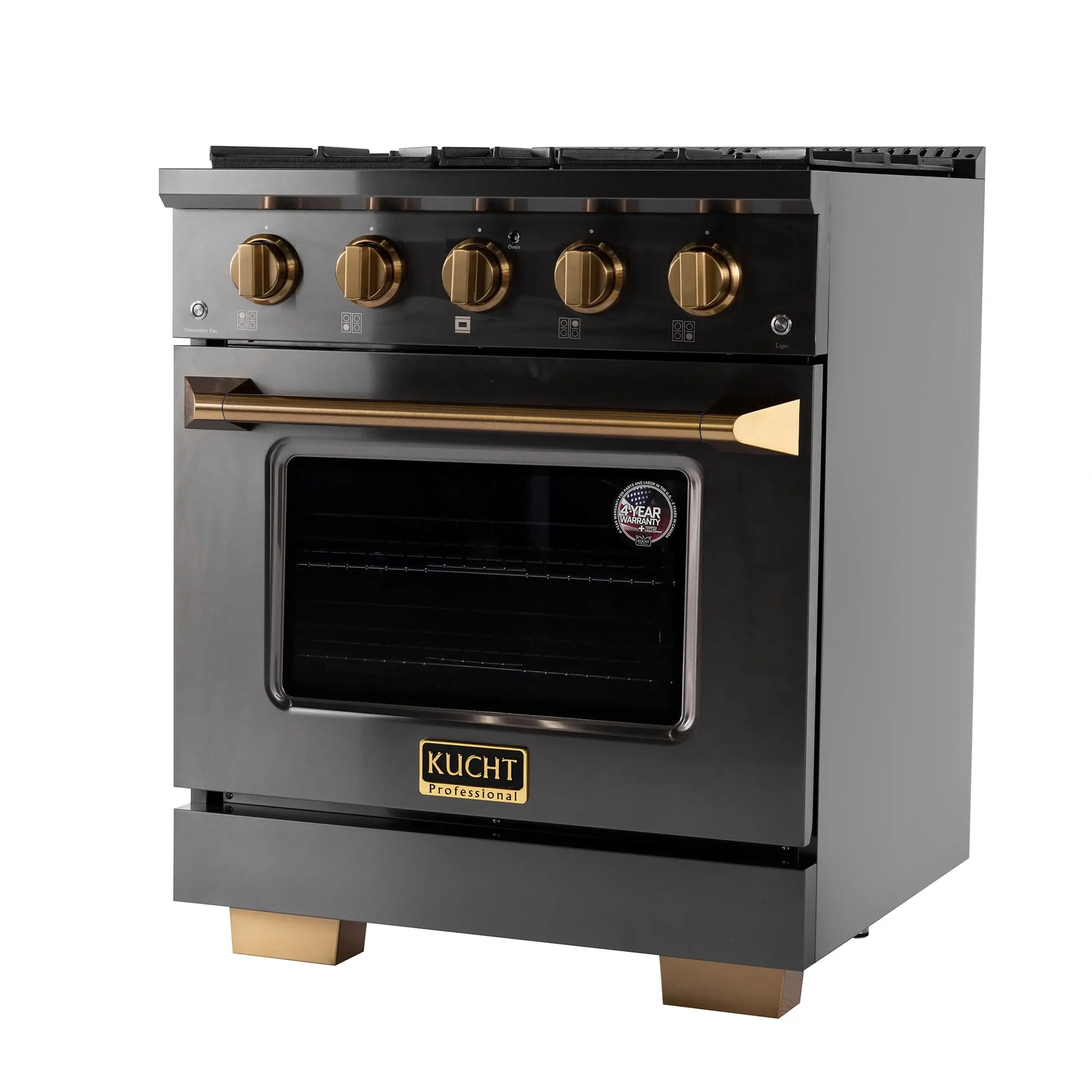 KUCHT Gemstone Professional 30-Inch 4.2 cu. ft. Natural Gas Range with Sealed Burners and Convection Oven in Titanium Stainless Steel with Gold Accents KEG303