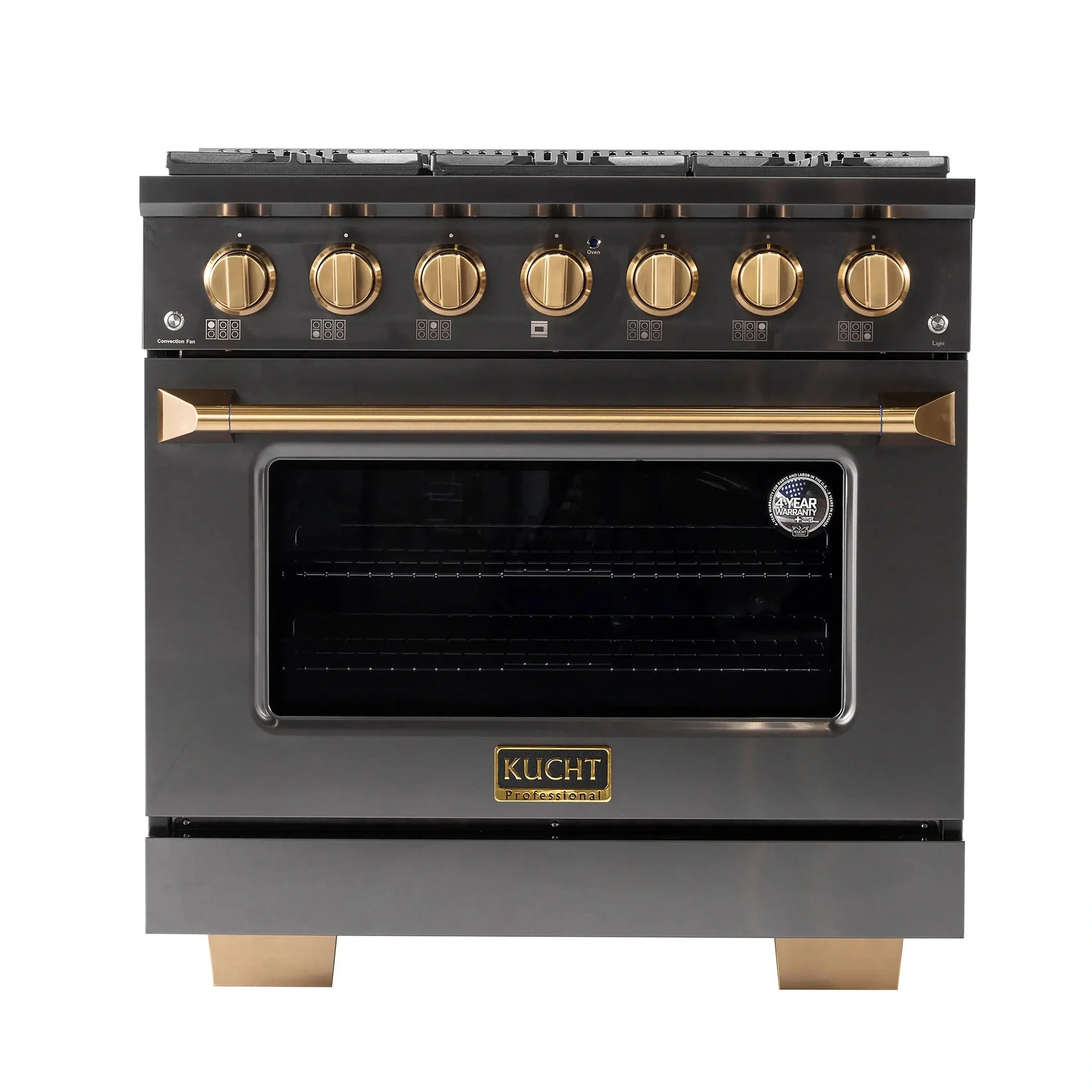 KUCHT Gemstone Professional 36-Inch 5.2 cu. ft. Gas Range with Sealed Burners and Convection Oven in Titanium Stainless Steel with Gold Accents KEG363