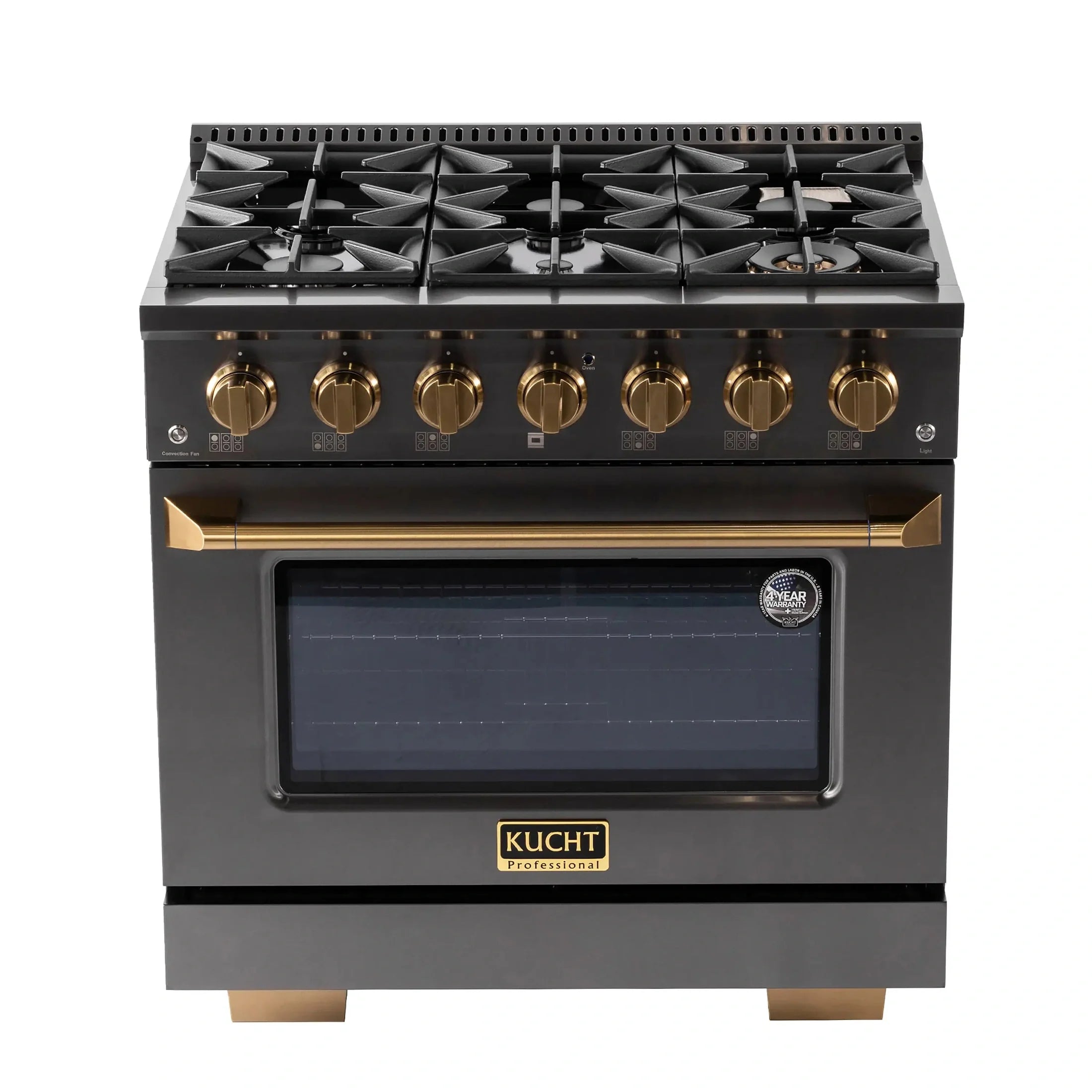KUCHT Gemstone Professional 36-Inch 5.2 cu. ft. Gas Range with Sealed Burners and Convection Oven in Titanium Stainless Steel with Gold Accents KEG363