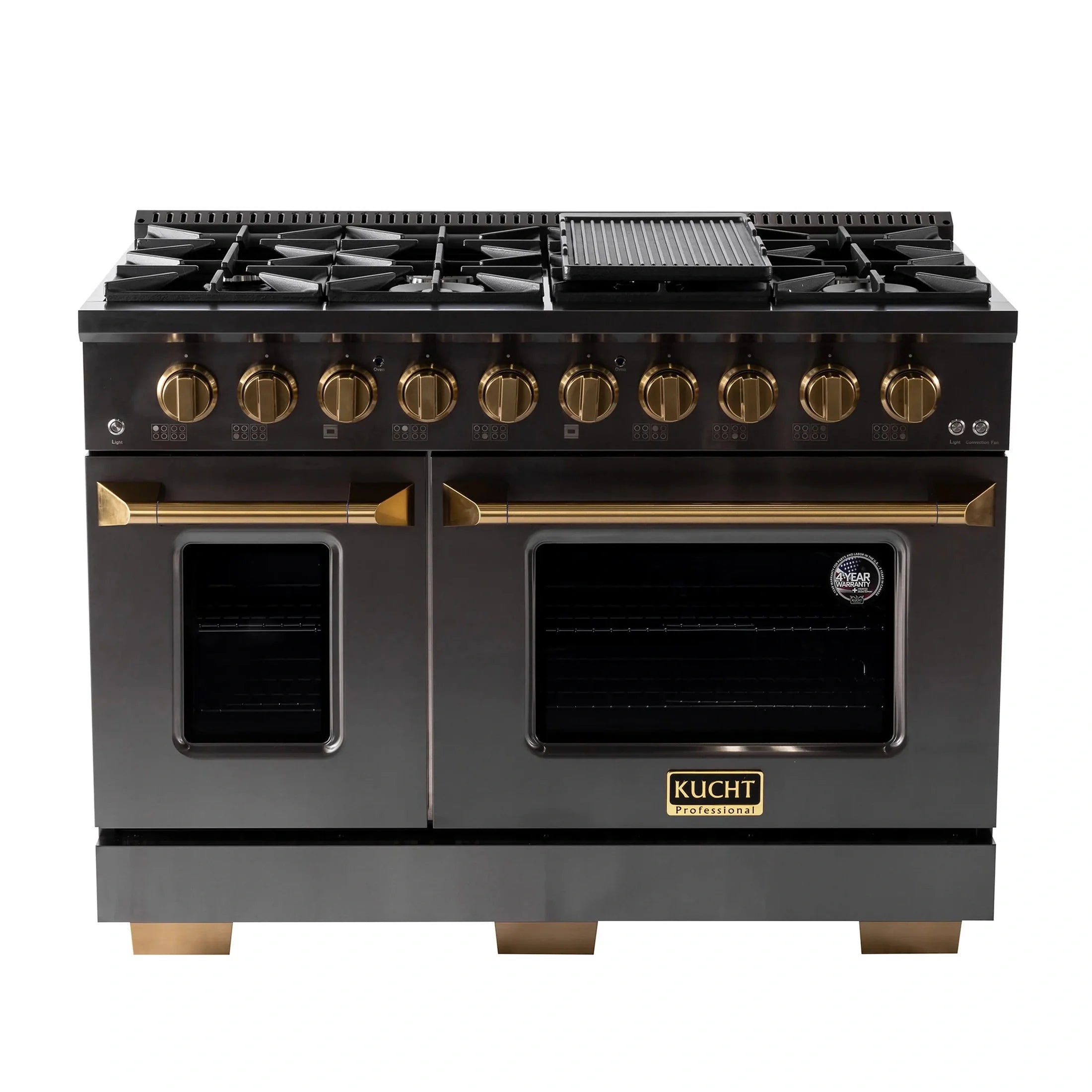 KUCHT Gemstone Professional 48-Inch 6.7 cu. ft. Natural Gas Range with Sealed Burners, Griddle/Grill and Two Ovens - One Convection - in Titanium Stainless Steel KEG483