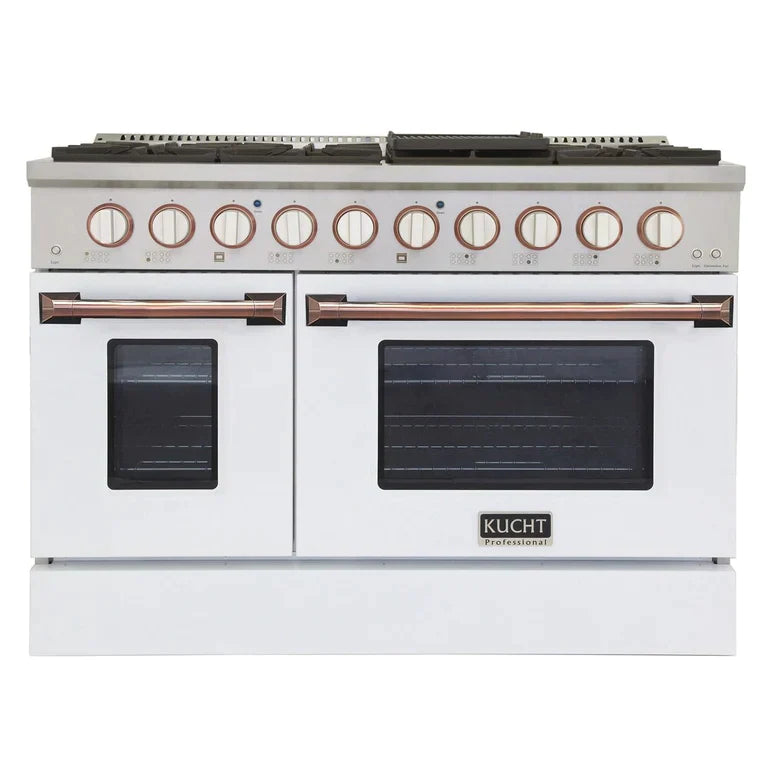 Kucht Signature 48-Inch Gas Range with Convection Oven in White with White Knob & Rose Gold Handle KNG481-W-ROSE